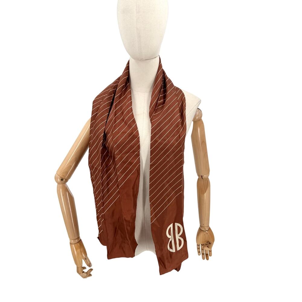 Vintage 70s Bill Blass Brown 100% Silk Pinstripe Scarf Made in Japan